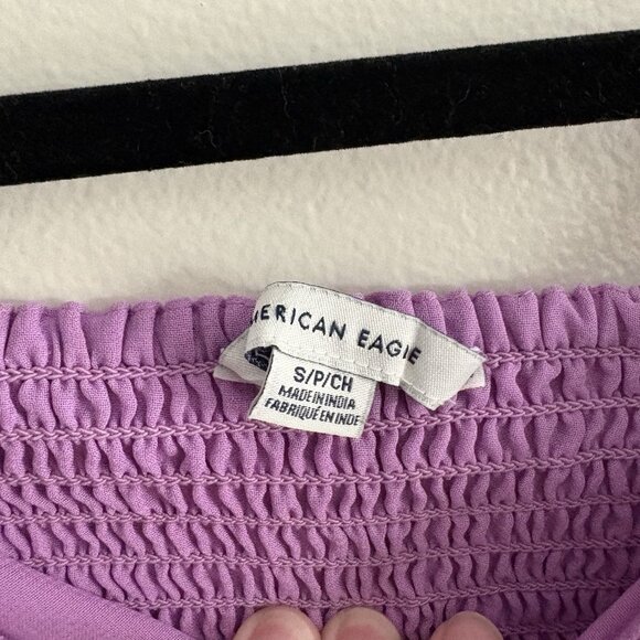 American Eagle Women S Purple Linen Blend Puff Sleeves Button Front Crop Top - Picture 6 of 10